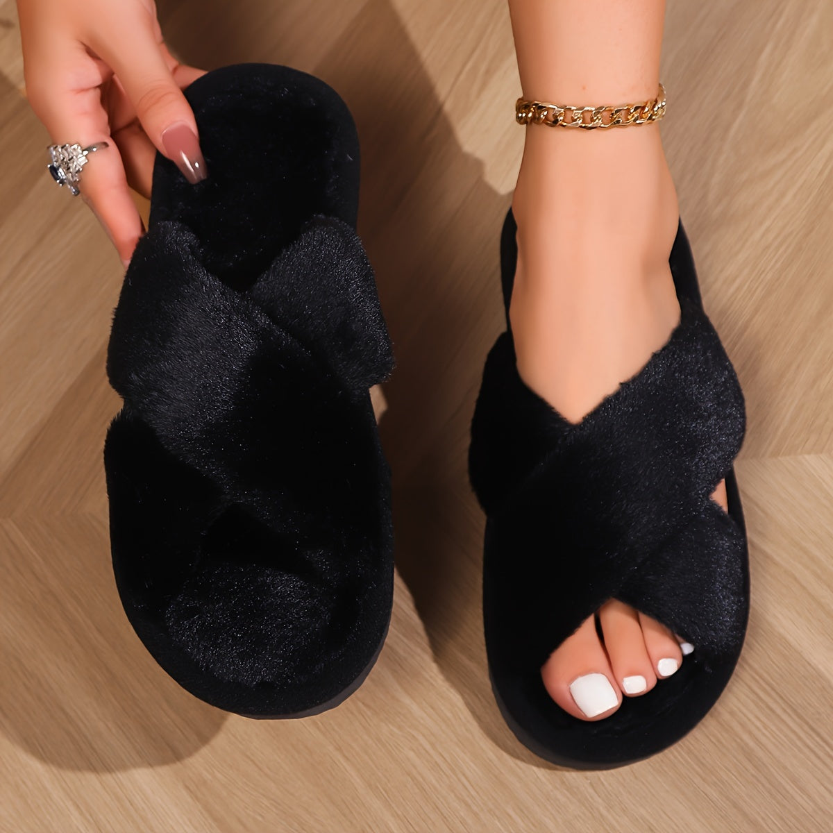 Winter Crisscross Band Plush Slippers, Solid Color Open Toe Slip On Flat Fuzzy Shoes, Cozy & Warm Home Slippers