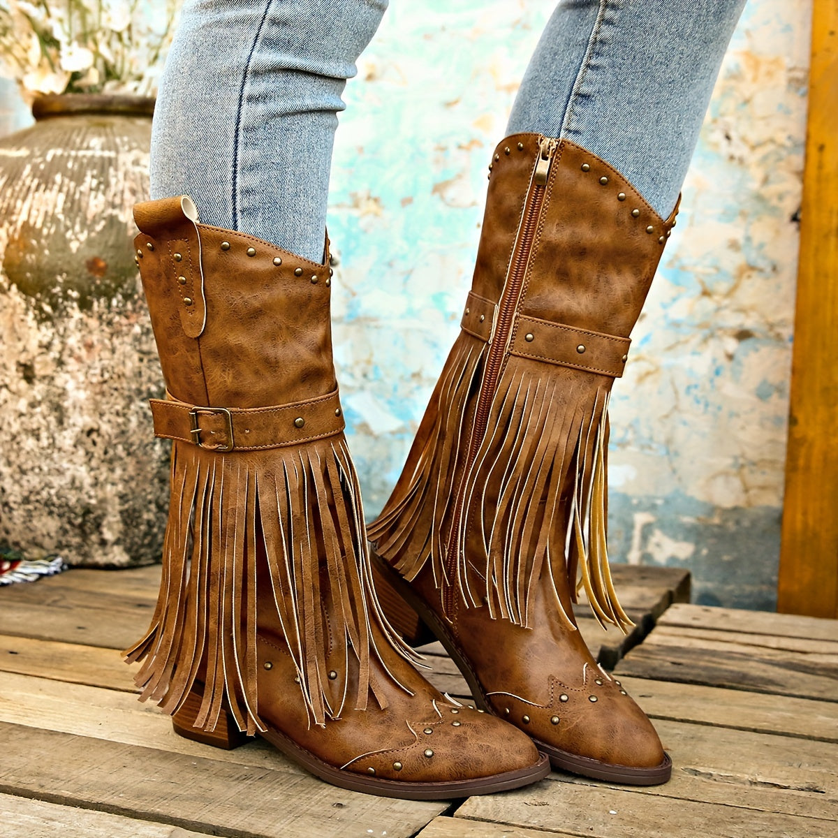 Stylish Tassel Chunky Heel Mid-Calf Boots - Pointed Toe, Side Zipper, Comfortable Cowboy Boots for Women, Trendy & Durable