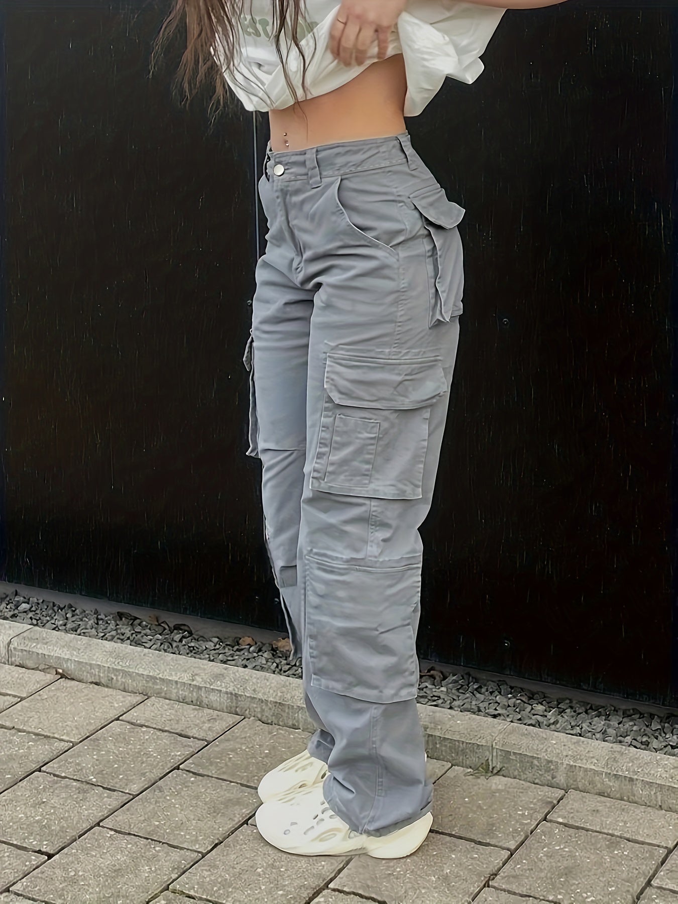 Plain High Rise Cargo Denim Pants, Loose Solid Color Retro Cargo Jeans, Street Casual Style, Women's Denim Jeans & Clothing