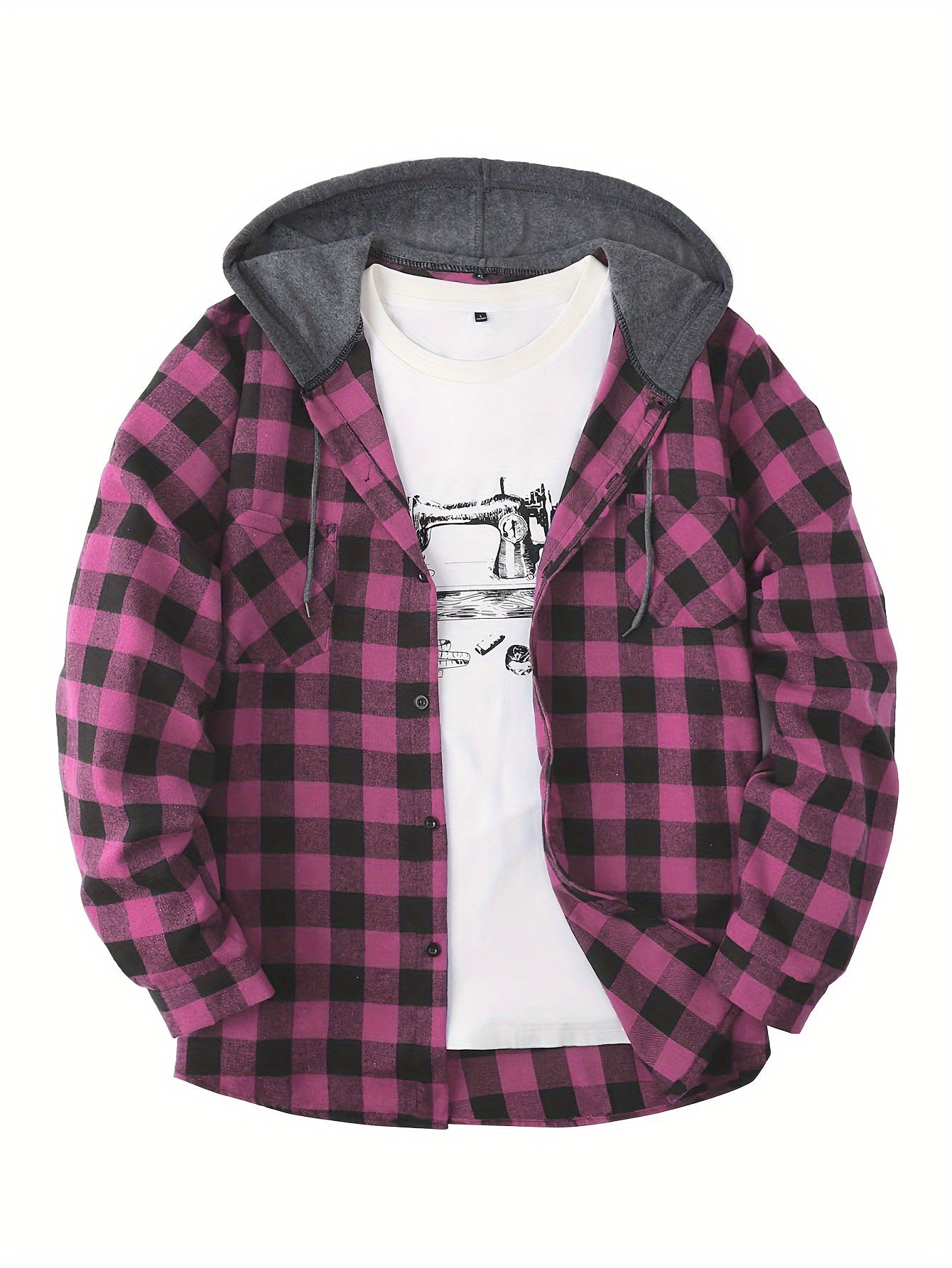 Long Sleeve Casual Regular Fit Button Up Hooded Shirts Jacket, Plaid Shirt Coat For Men