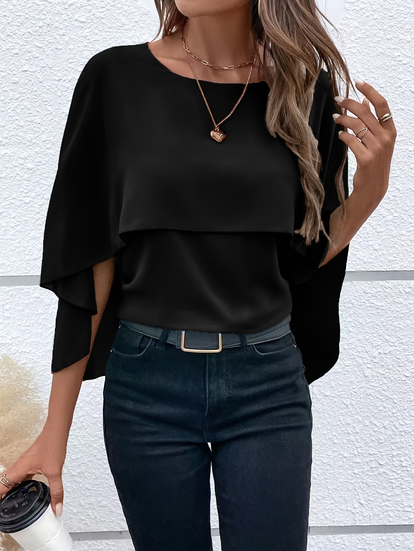 Solid Layered Cloak Sleeve Blouse, Versatile Crew Neck Blouse For Spring & Fall, Women's Clothing