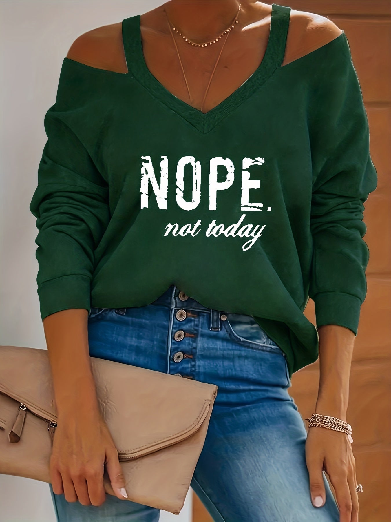 Letter Print Cold Shoulder Pullover Sweatshirt, Casual Long Sleeve V Neck Sweatshirt For Spring & Fall, Women's Clothing