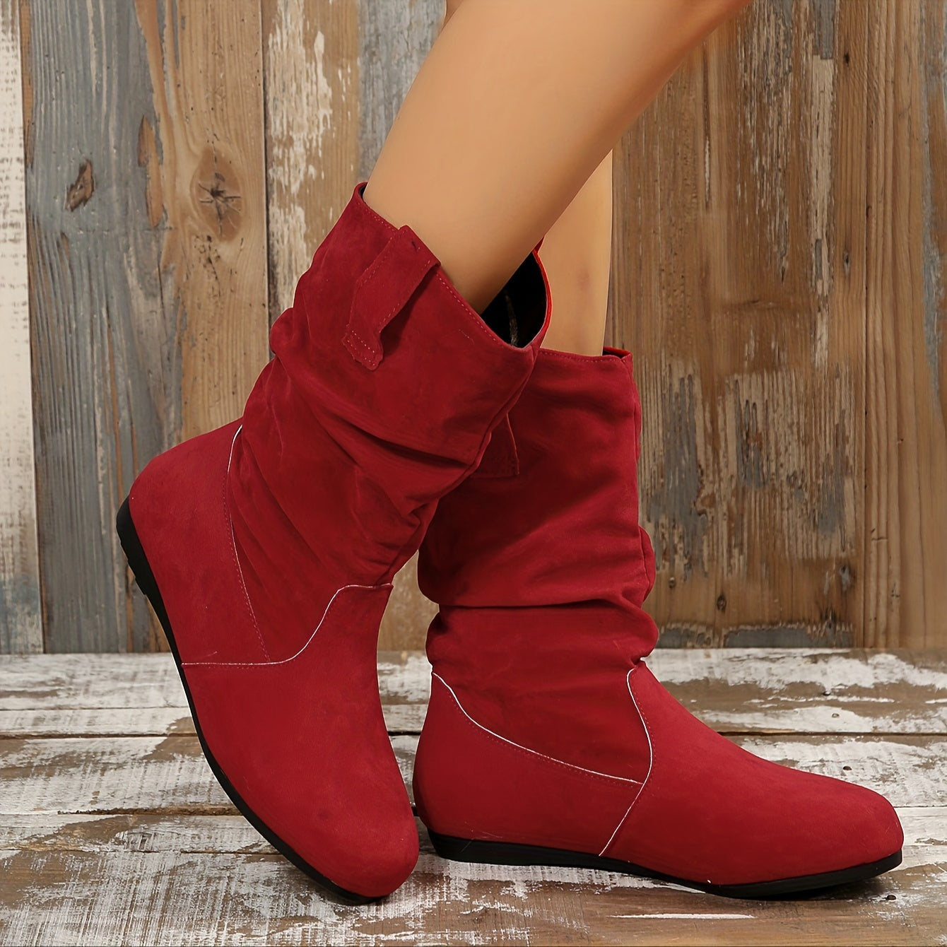 Women's Slouchy Mid Calf Boots, Comfy V-cut Pull On Plush Lined Warm Flat Shoes, Winter Thermal Boots