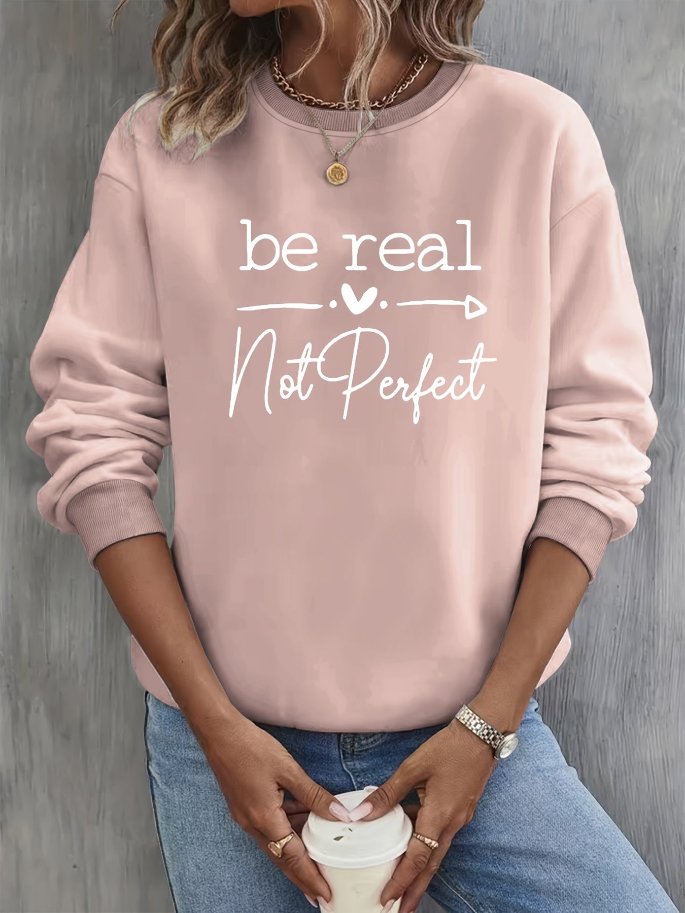 Slogan & Heart Print Pullover Sweatshirt, Casual Long Sleeve Crew Neck Sweatshirt, Women's Clothing