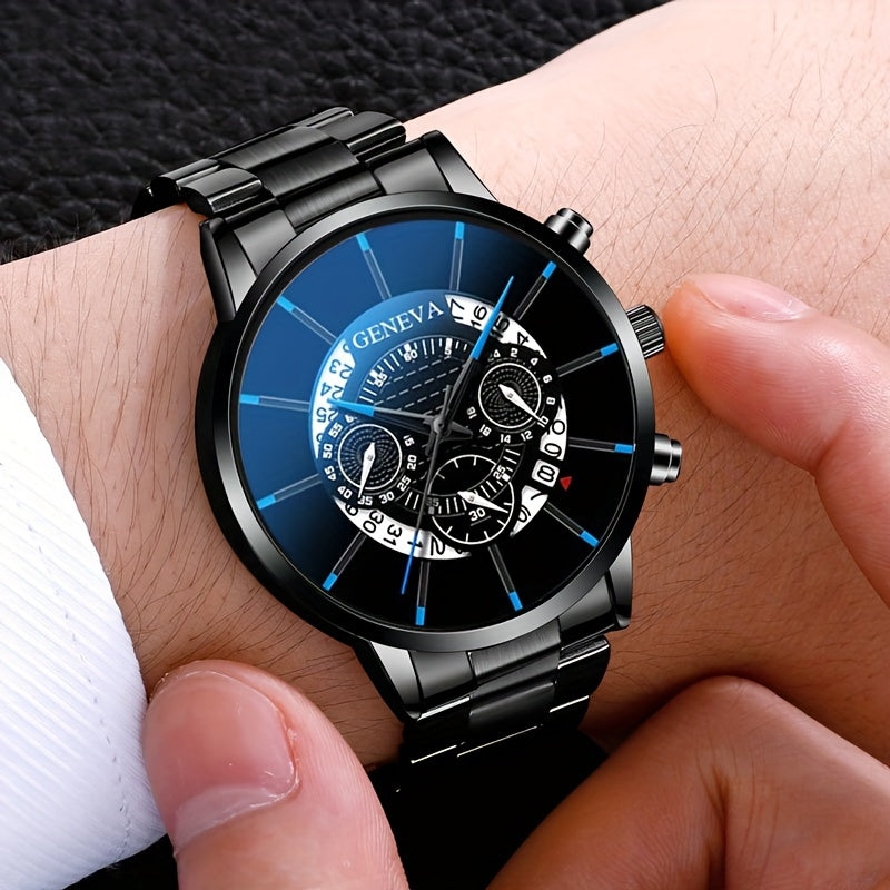 Men's Stainless Steel Strap Quartz Watch, Fashion Calendar Wristwatch