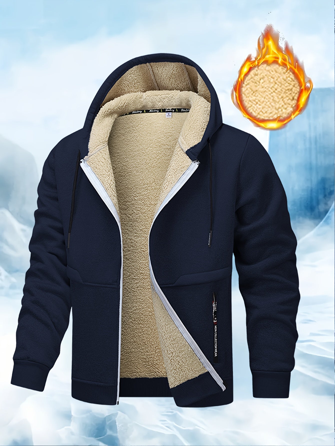 Men's Winter Sherpa Fleece Lined Thermal Hooded Jacket With Zipper Pockets, Warm Thick Zip-Up Coat For Fall/Winter