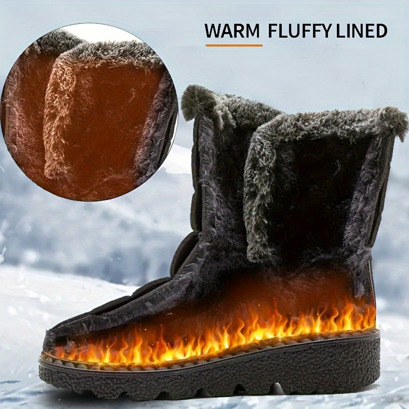 Mid-Calf Women's Winter Boots - Waterproof, Insulated, Faux Fur Lined, Anti-Slip, Comfortable, Warm, Closed-Toe, Magic Tape Closure, Black