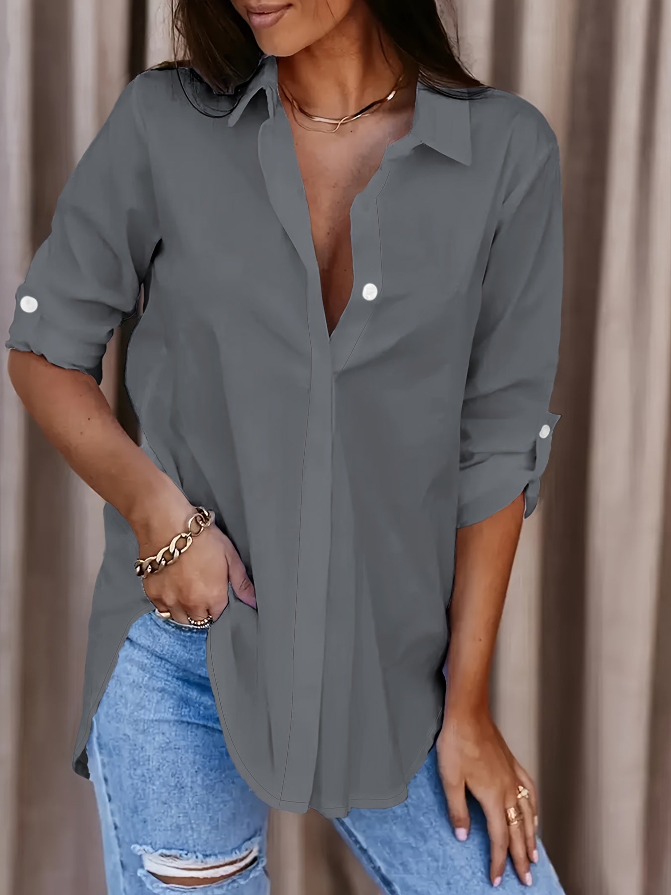 Solid Button Front Shirt, Casual Turn Down Collar Office Work Shirt, Women's Clothing