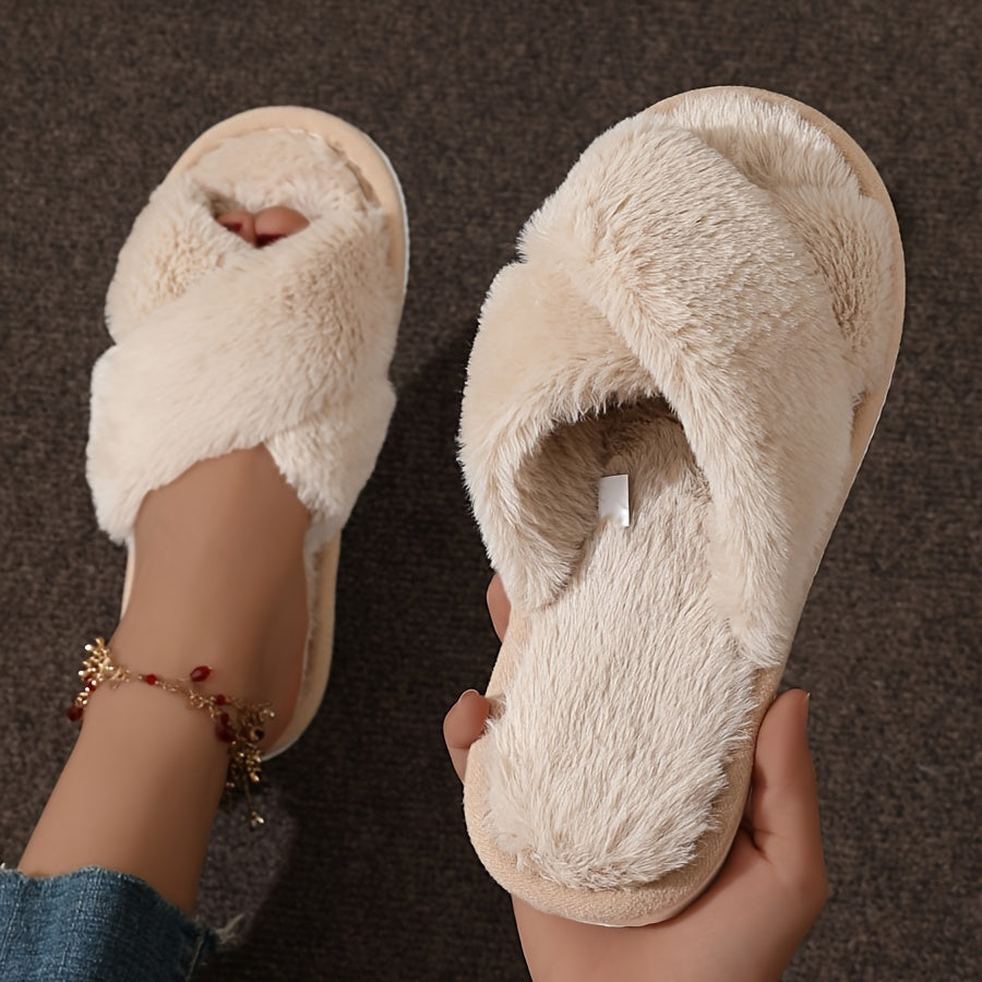 Crisscross Band Plush Indoor Slippers, Cozy & Warm Leopard Print Soft Sole Fuzzy Shoes, Non Slip Home Floor Slippers