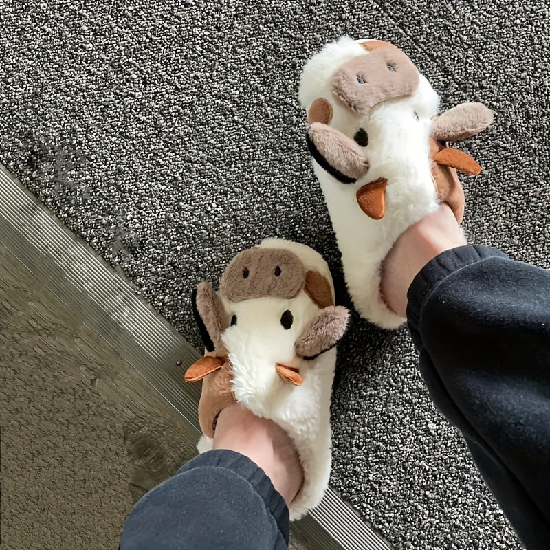 Women's Cartoon Cute Cow House Slippers, Warm Plush Lined Closed Toe Fuzzy Home Slides, Women's Comfy Indoor Shoes