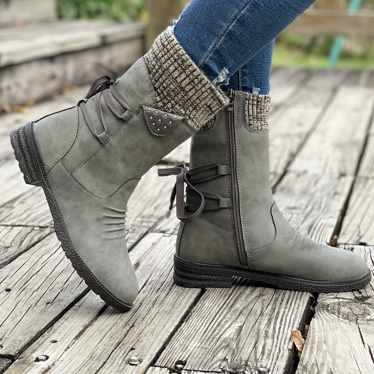 Women's Knitted Boots with Faux Leather Panel Design, Tie Back, and Side Zip