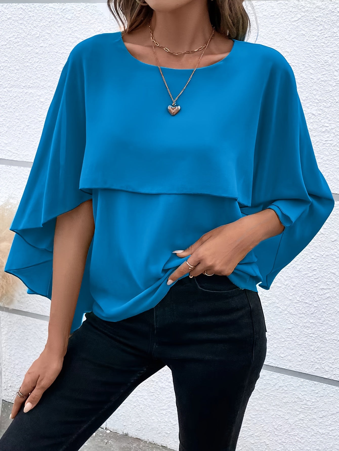 Solid Layered Cloak Sleeve Blouse, Versatile Crew Neck Blouse For Spring & Fall, Women's Clothing