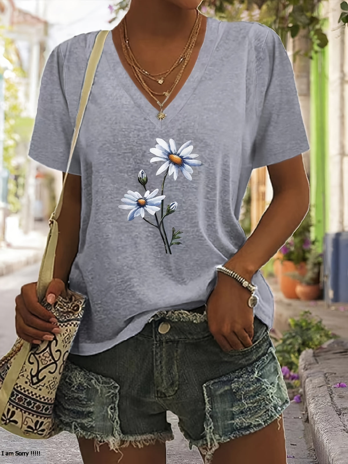 Floral Print V Neck T-shirt, Casual Short Sleeve T-shirt For Summer, Women&#39;s Clothing