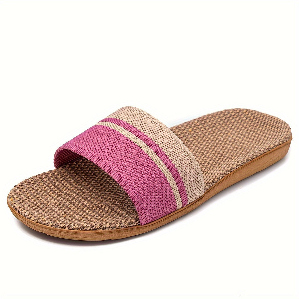 Striped Pattern Slides, Casual Open Toe Flat Summer Shoes, Comfortable Indoor Home Slides