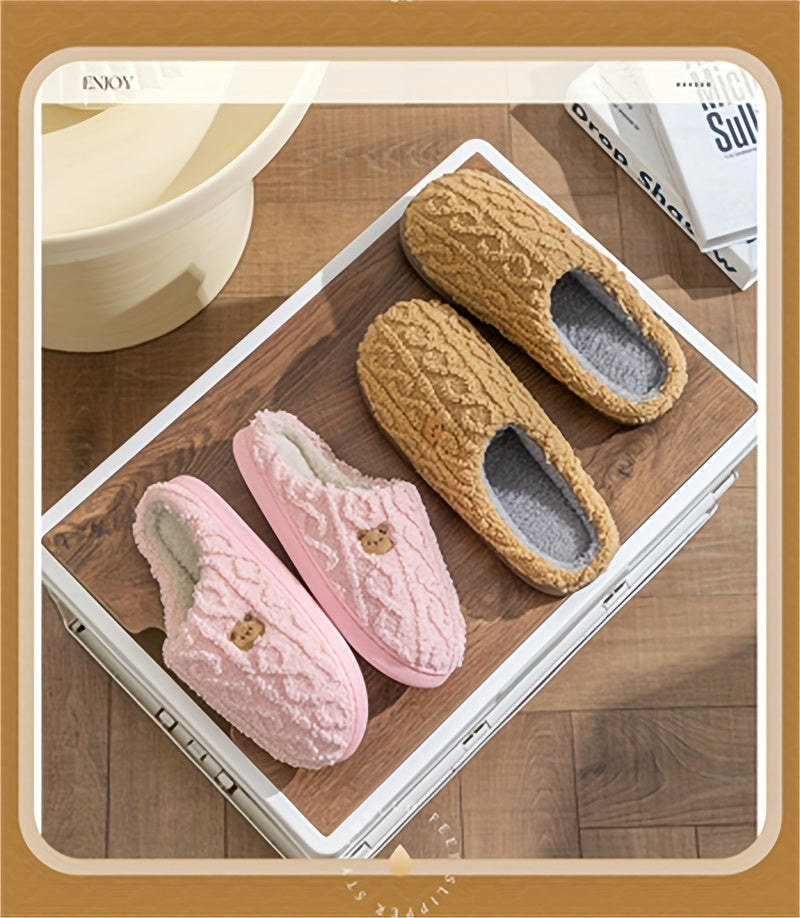 Solid Color Home Warm Slippers, Slip On Soft Sole Flat Non-slip Fuzzy Shoes, Winter Plush Cozy Slides Shoes