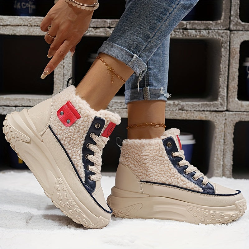 Winter Women's Ankle & Bootie Sneakers - Lace-Up Solid Color, Faux Fur High-Top Chunky Dad Shoes with Rubber Sole & PU Insole - Warm Athletic Footwear