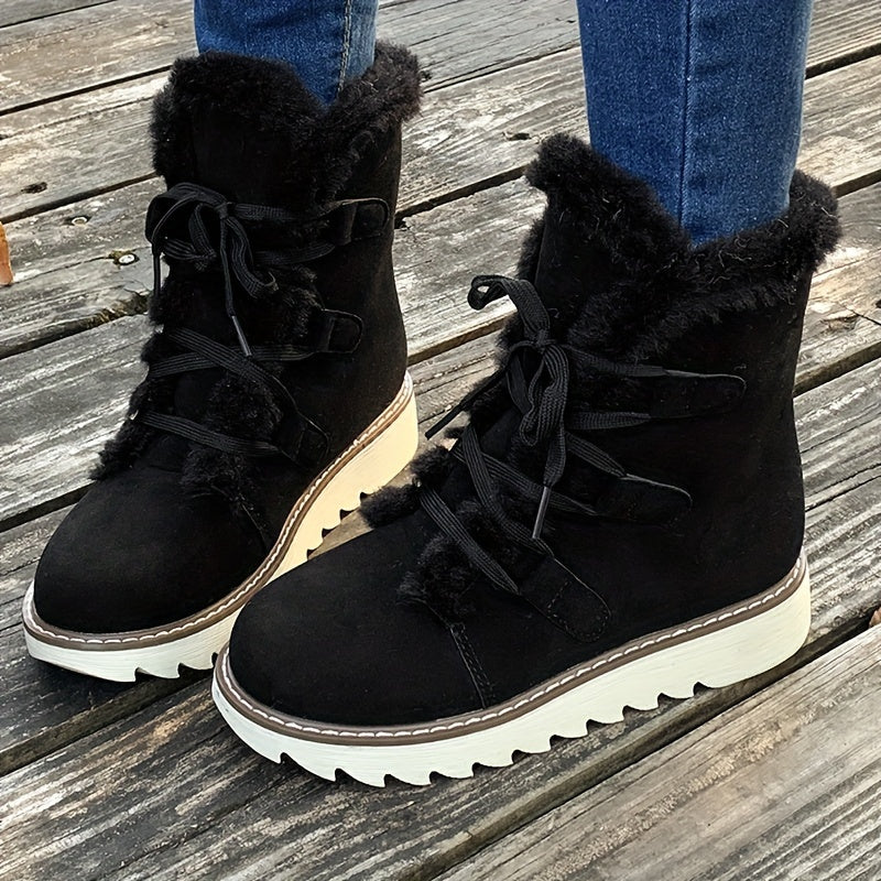 Plush Lined Women's Mid Calf Snow Boots, Solid Color Lace Up Outdoor Anti-Slip Winter Thermal Boots