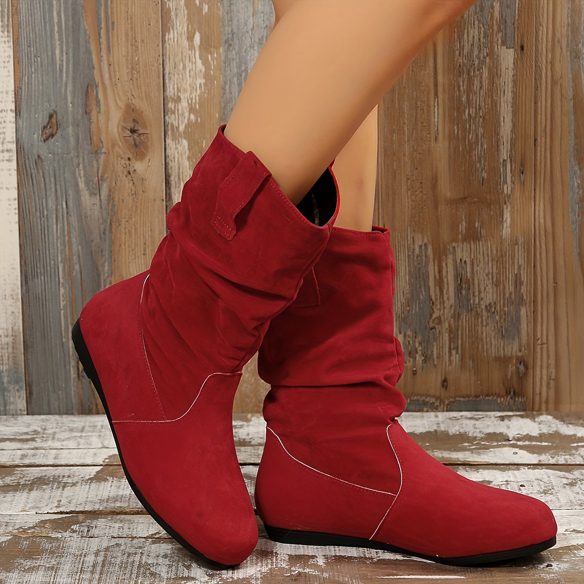 Women's Slouchy Mid Calf Boots, Comfy V-cut Pull On Plush Lined Warm Flat Shoes, Winter Thermal Boots