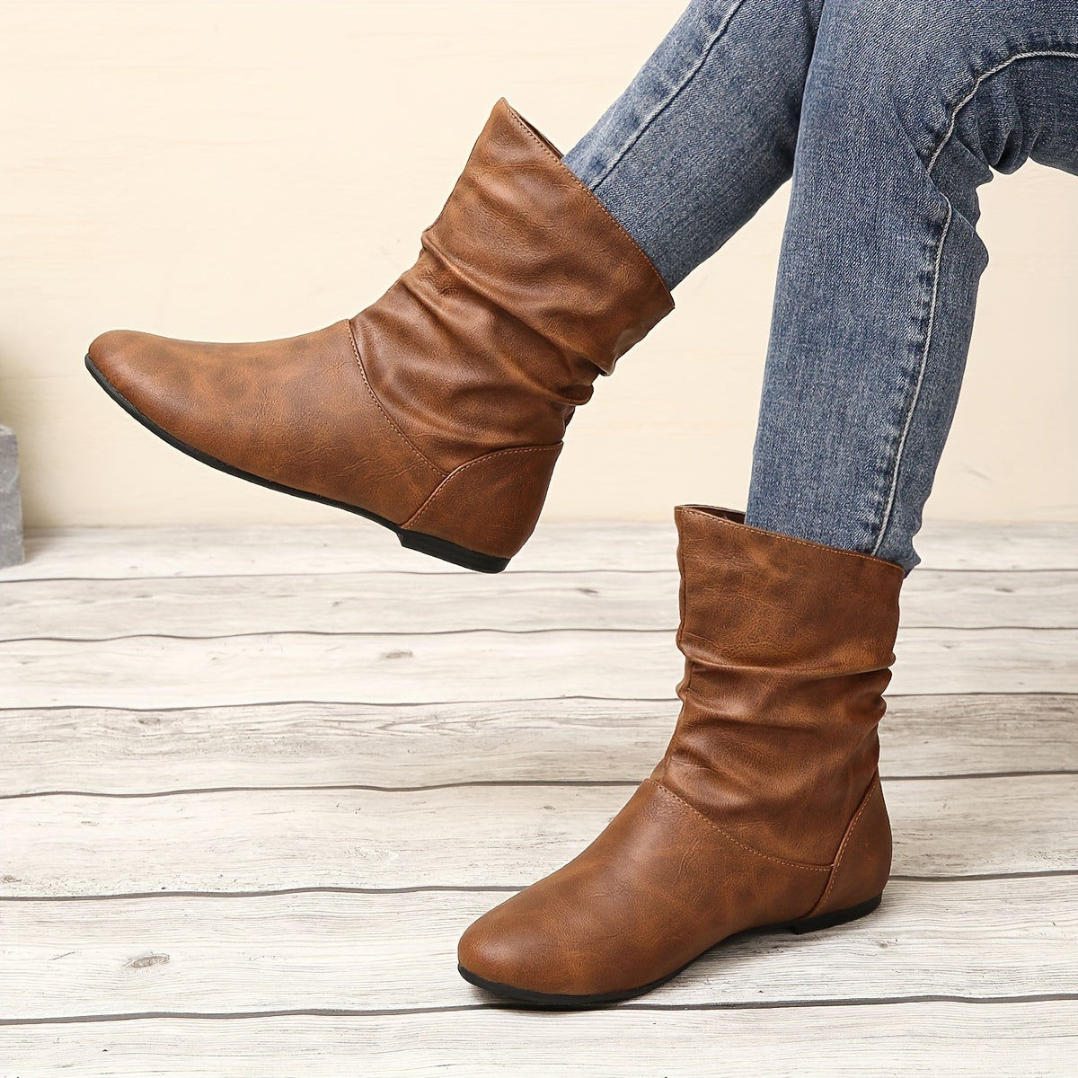 Women's Solid Color Trendy Boots, Slip On Comfy Flat Round Toe Boots, Versatile Ankle Shoes