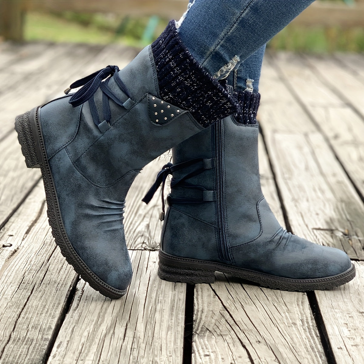 Women's Knitted Boots with Faux Leather Panel Design, Tie Back, and Side Zip