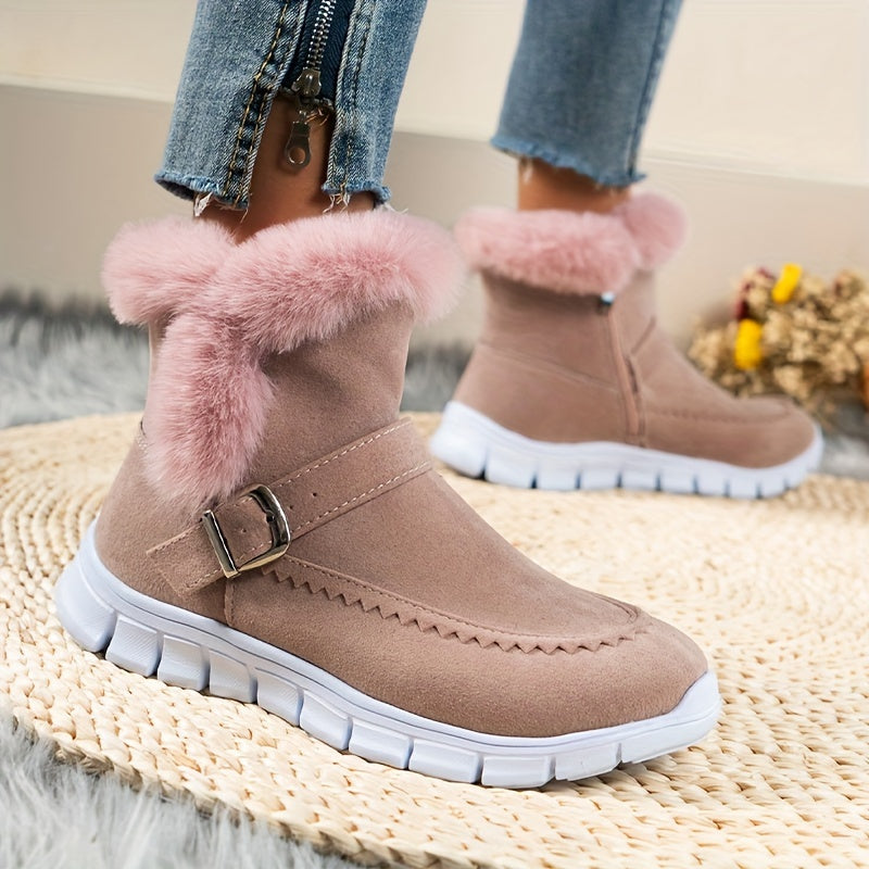 All-Season Thermal & Plush-Lined Women's Chelsea Boots with Side Zipper, Fluffy Trim, and Flat Platform Heel