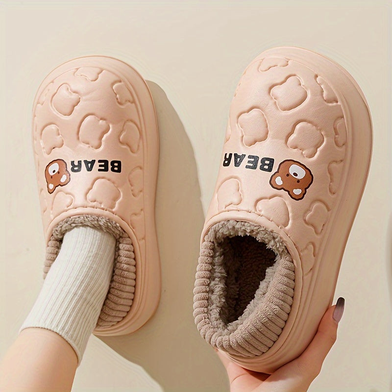 Winter Warm Fluffy Slippers for Women, Cartoon Bear Design, EVA Upper & Sole, Flannel Lining, Slip-on, Cozy Indoor/Outdoor Shoes, Hand Washable