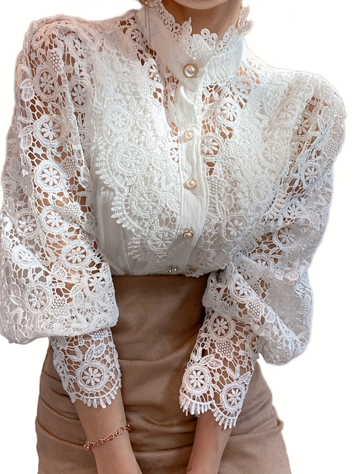 Women's Blouse Lace Puff Sleeve Lantern Sleeve Solid Pleated Women Blouse