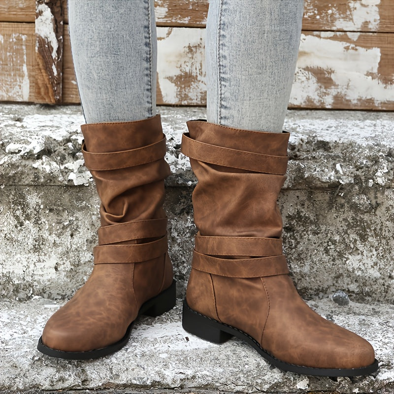 Trendy Solid Color Cowboy Boots - Stylish Chunky Heel with Fashion Buckle Strap Accent - Effortless Slip-On Comfortable Design