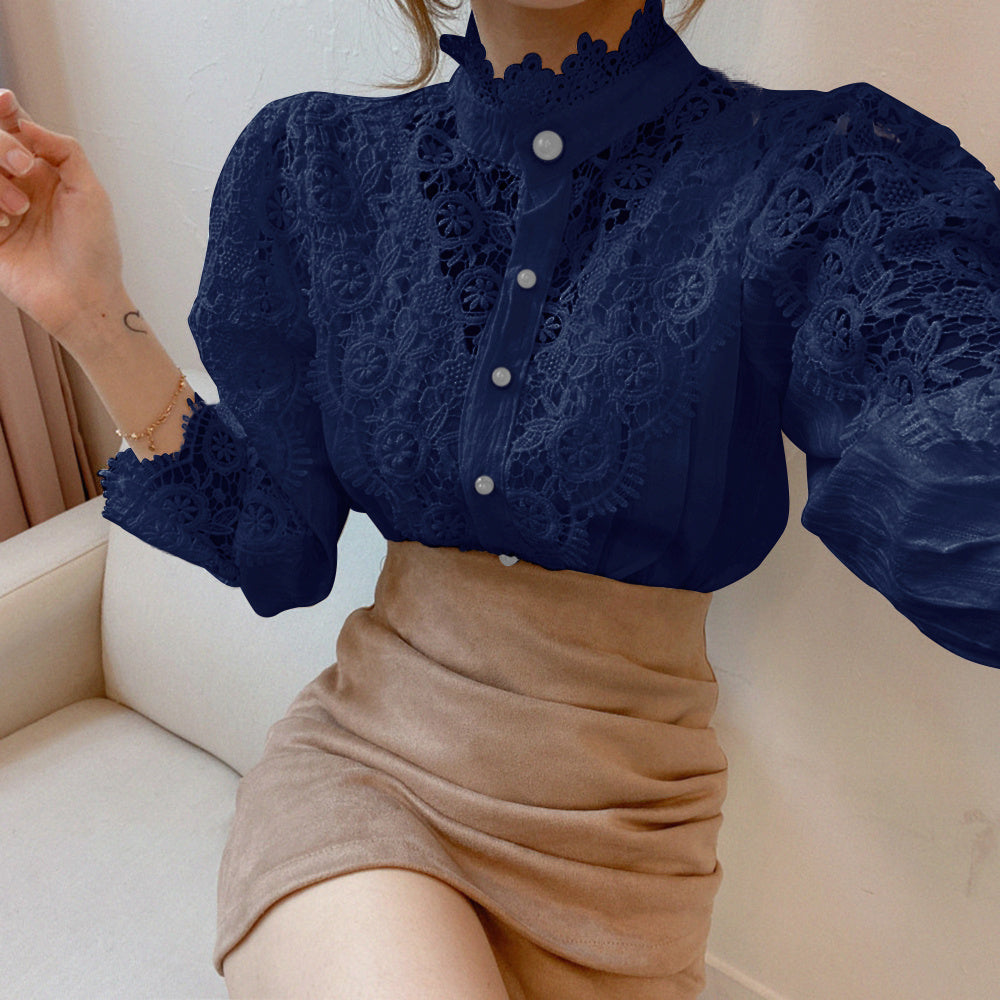 Women's Blouse Lace Puff Sleeve Lantern Sleeve Solid Pleated Women Blouse