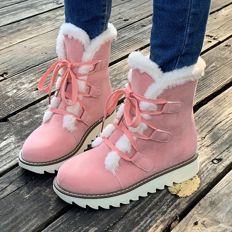 Women's Solid Color Fluffy Boots, Lace Up Soft Sole Platform Thermal Lined Boots, Winter Non-slip Snow Boots