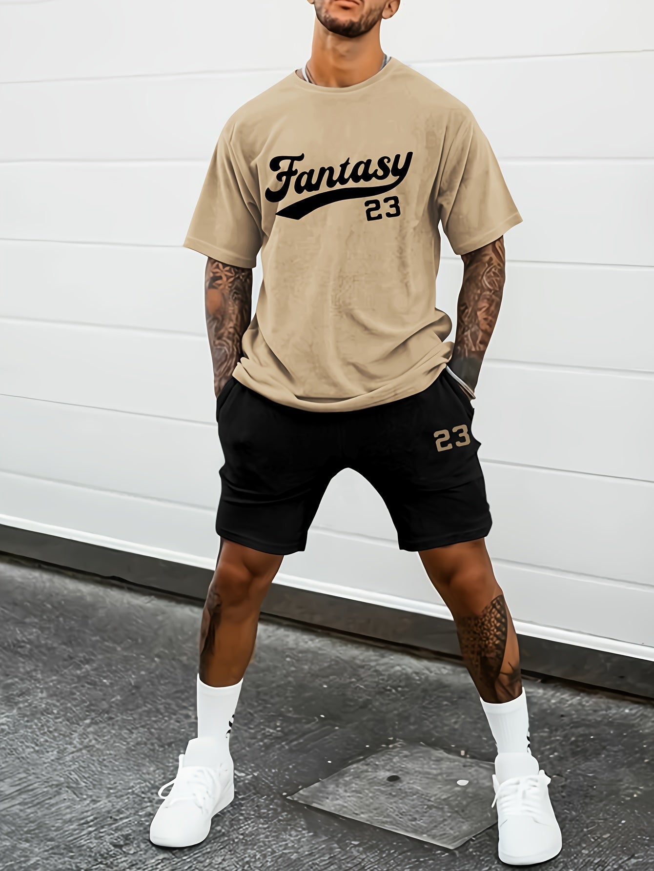 Fantasy 23 Print Men's Casual Two-Piece Set, Crew Neck T-shirt & Drawstring Shorts with Pockets for Summer