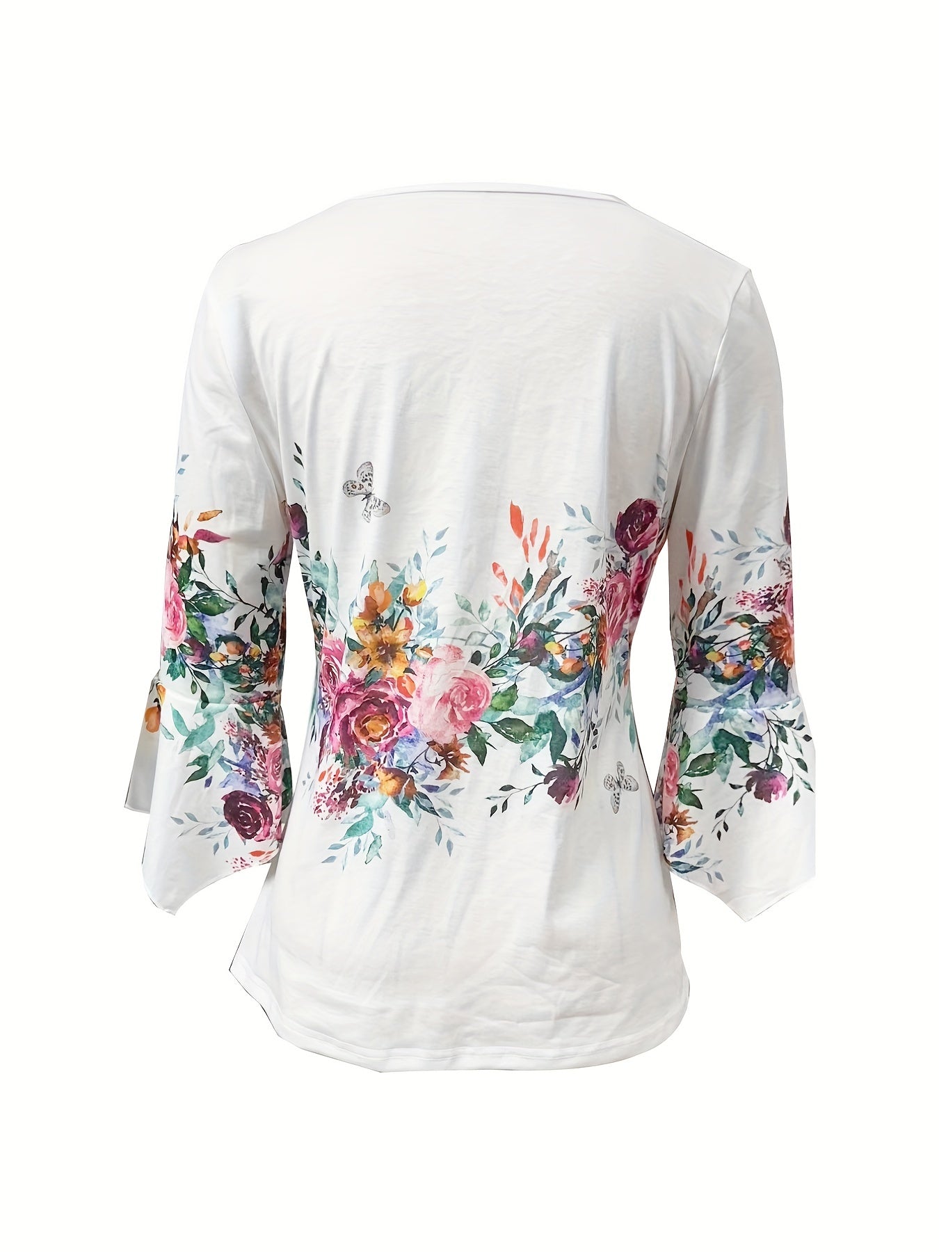 Floral Print Notched Neck Blouse, Casual Button Front Blouse For Spring & Summer, Women's Clothing