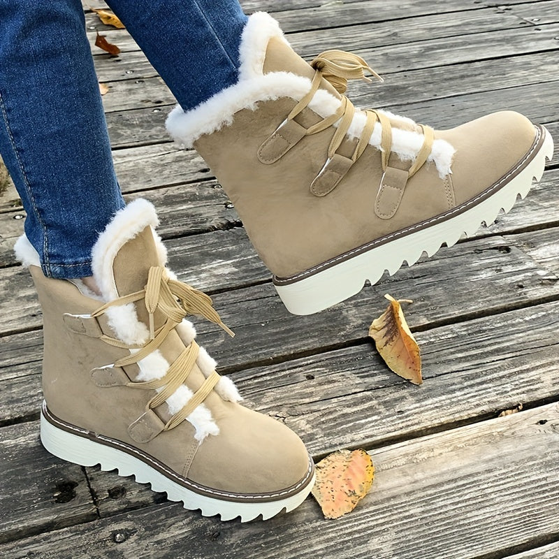 Plush Lined Women's Mid Calf Snow Boots, Solid Color Lace Up Outdoor Anti-Slip Winter Thermal Boots