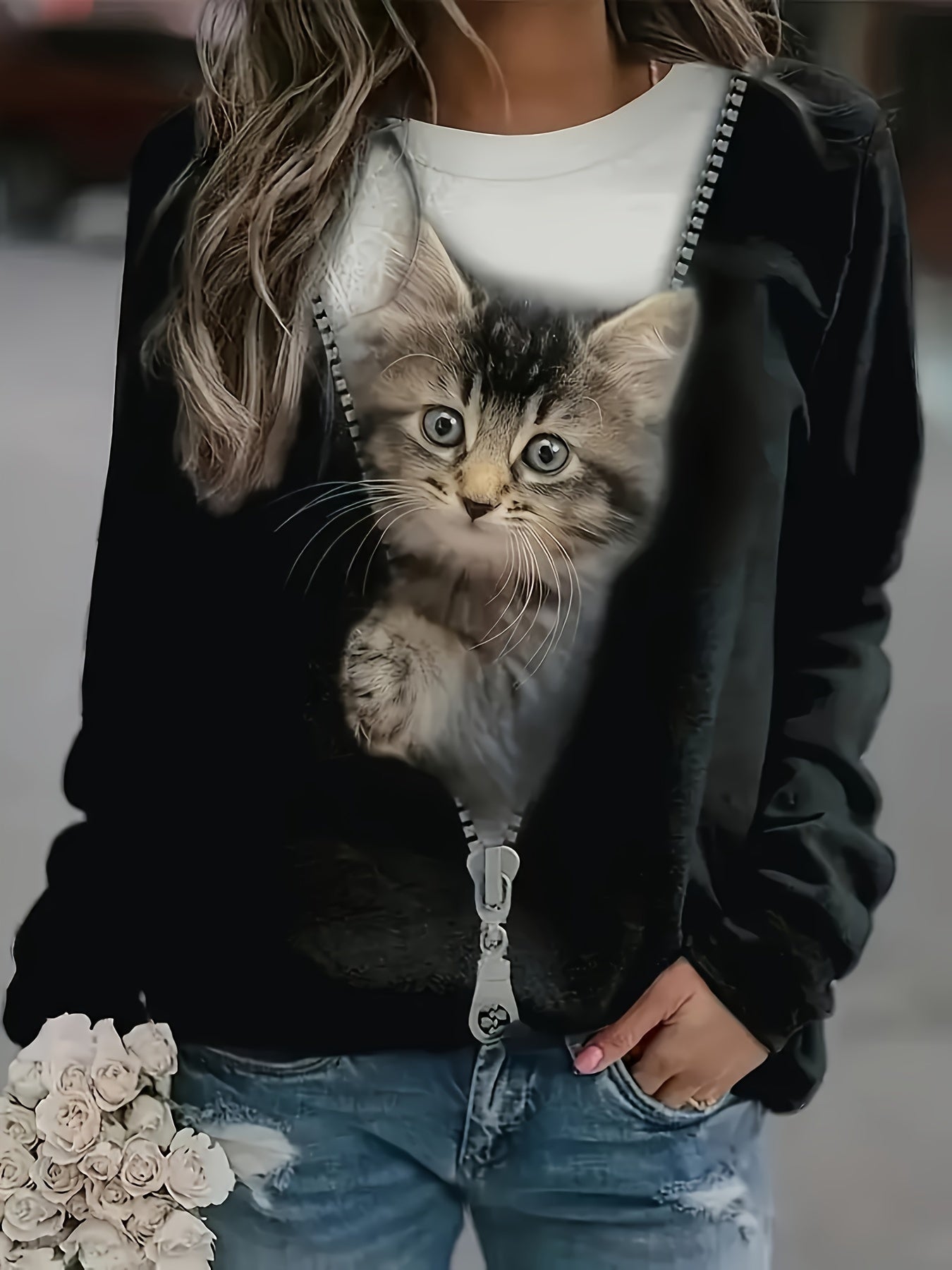 Cat Print Pullover Sweatshirt, Casual Long Sleeve Crew Neck Sweatshirt, Women's Clothing