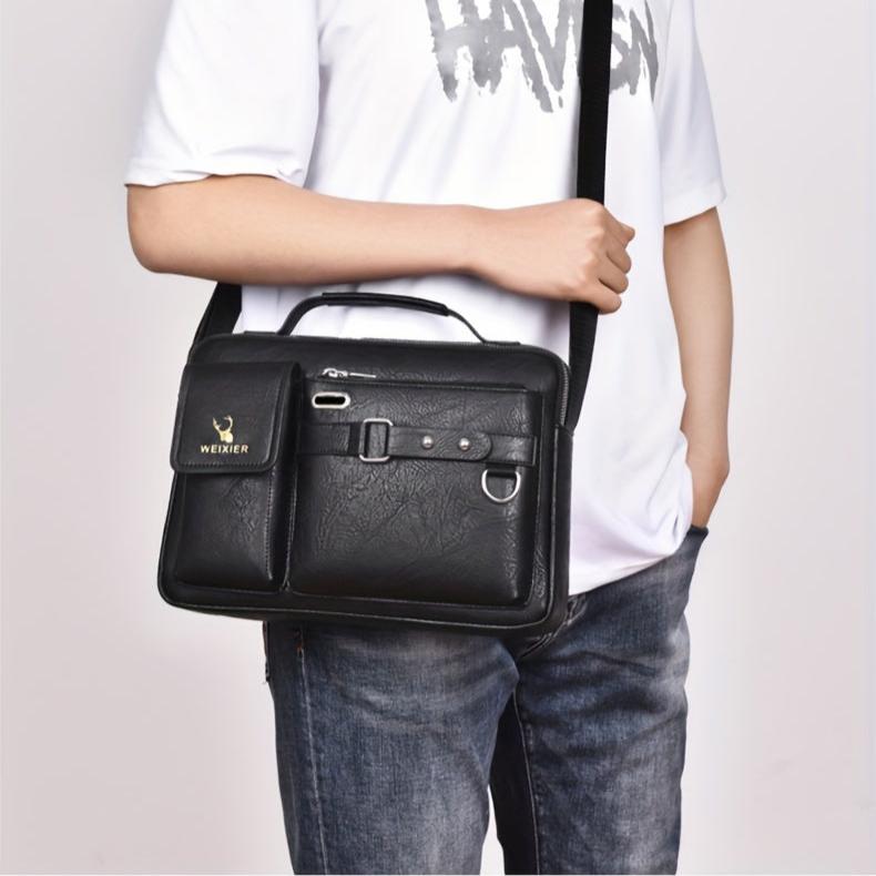 1/2pcs Men's Business Adjustable Strap Sling Bag, Casual PU Leather Shoulder Messenger Bag