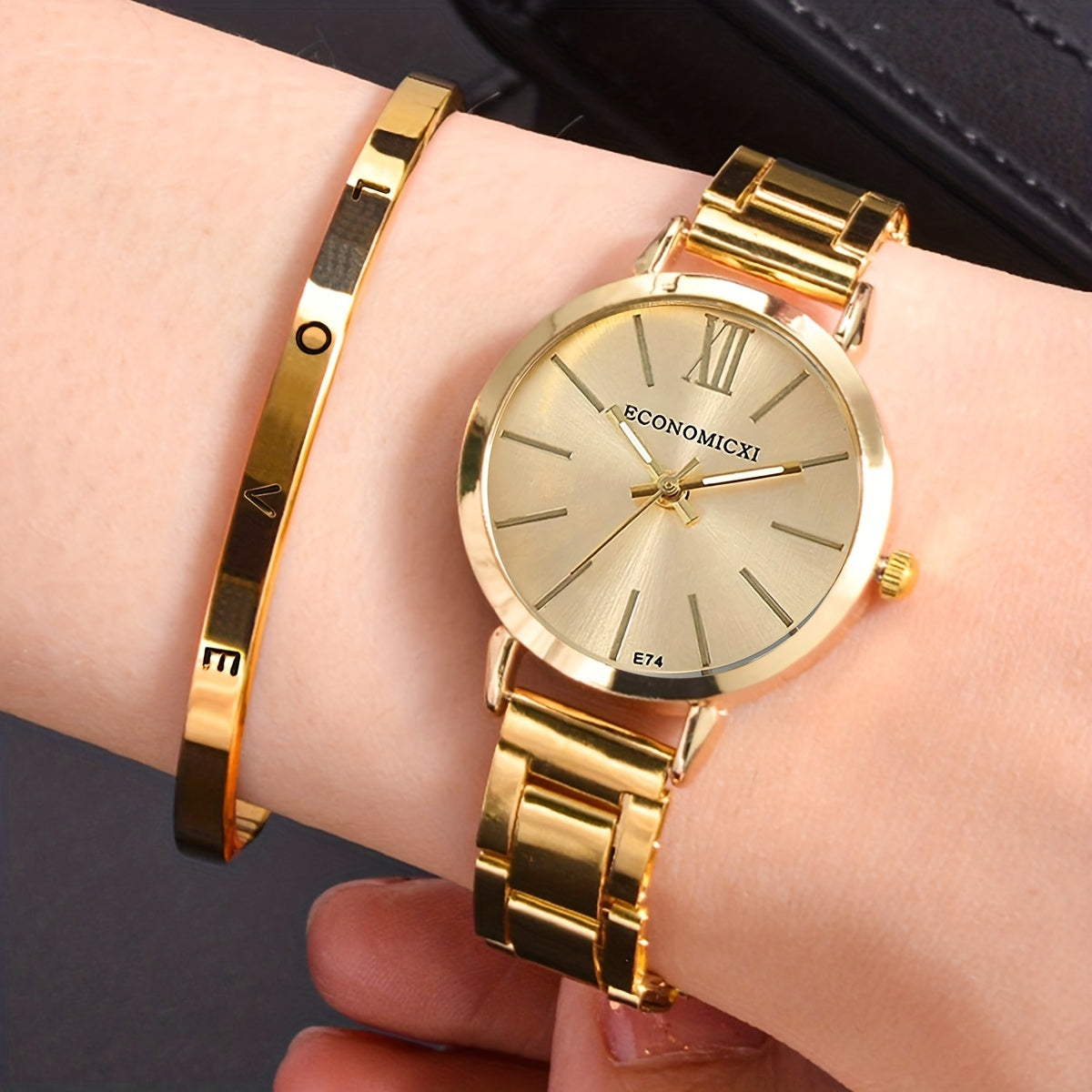 1pc/2pcs/set Women's Watch Hiphop Golden Fashion Quartz Watch & Love Bangle, Valentines Gift For Her