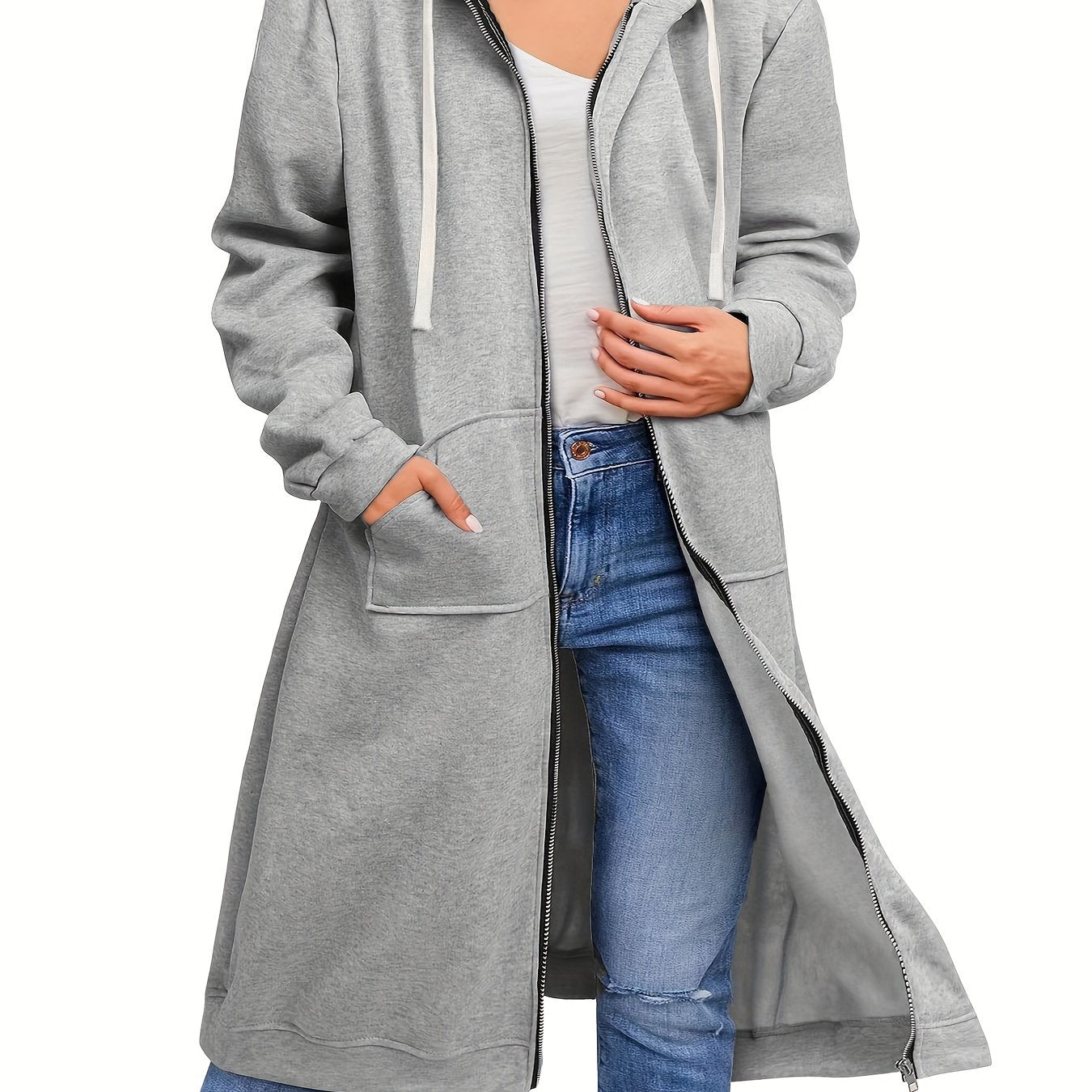 Plus Size Casual Sweatshirt, Women's Plus Solid Zipper Front Drawstring Long Sleeve Slight Stretch Hoodie Coat With Pockets