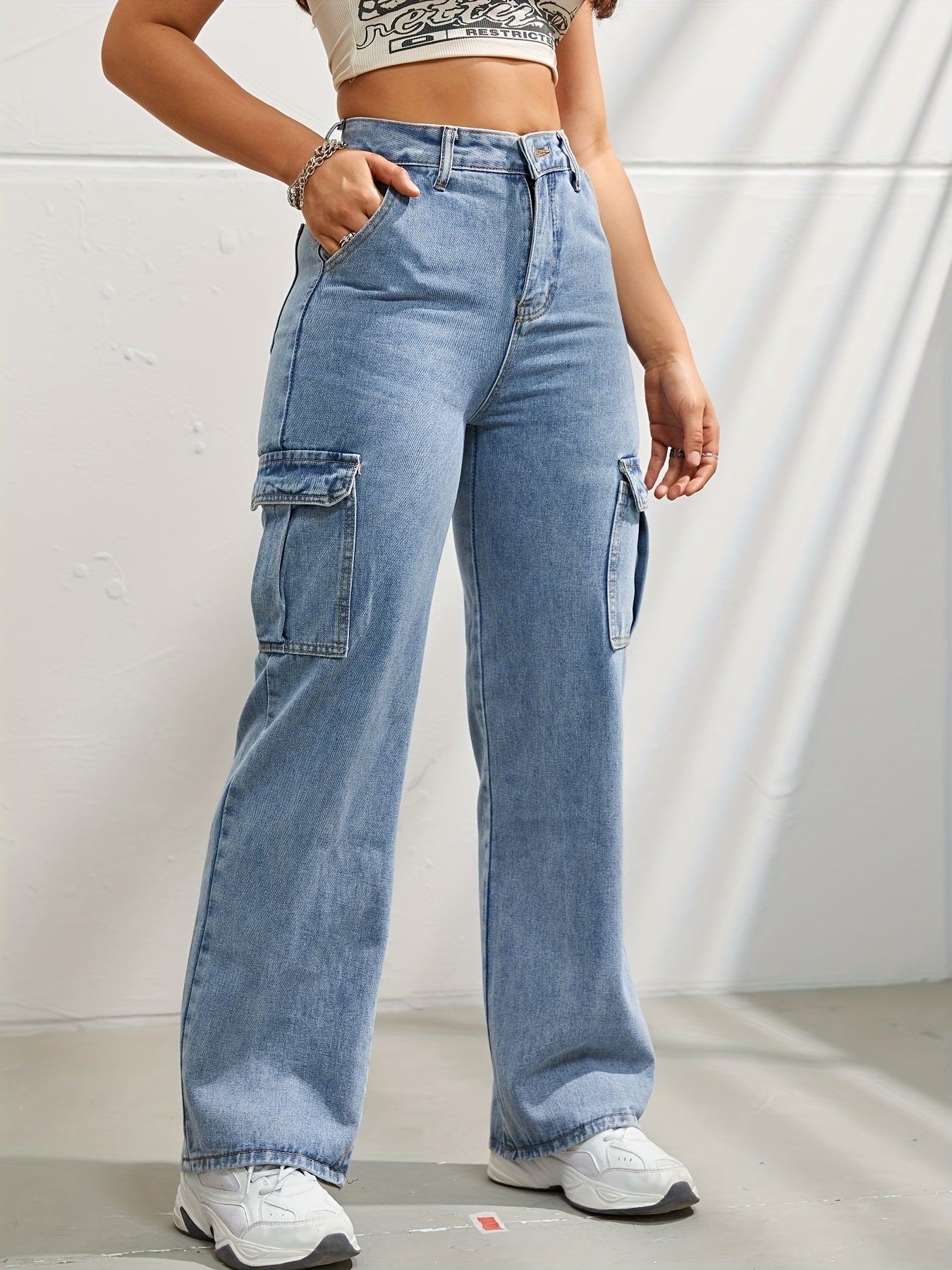 Side Flap Pocket High Waist Denim Cargo Pants, Light Washed Casual Slash Pocket Cargo Jeans, Kpop Y2K, Women's Denim Jeans & Clothing