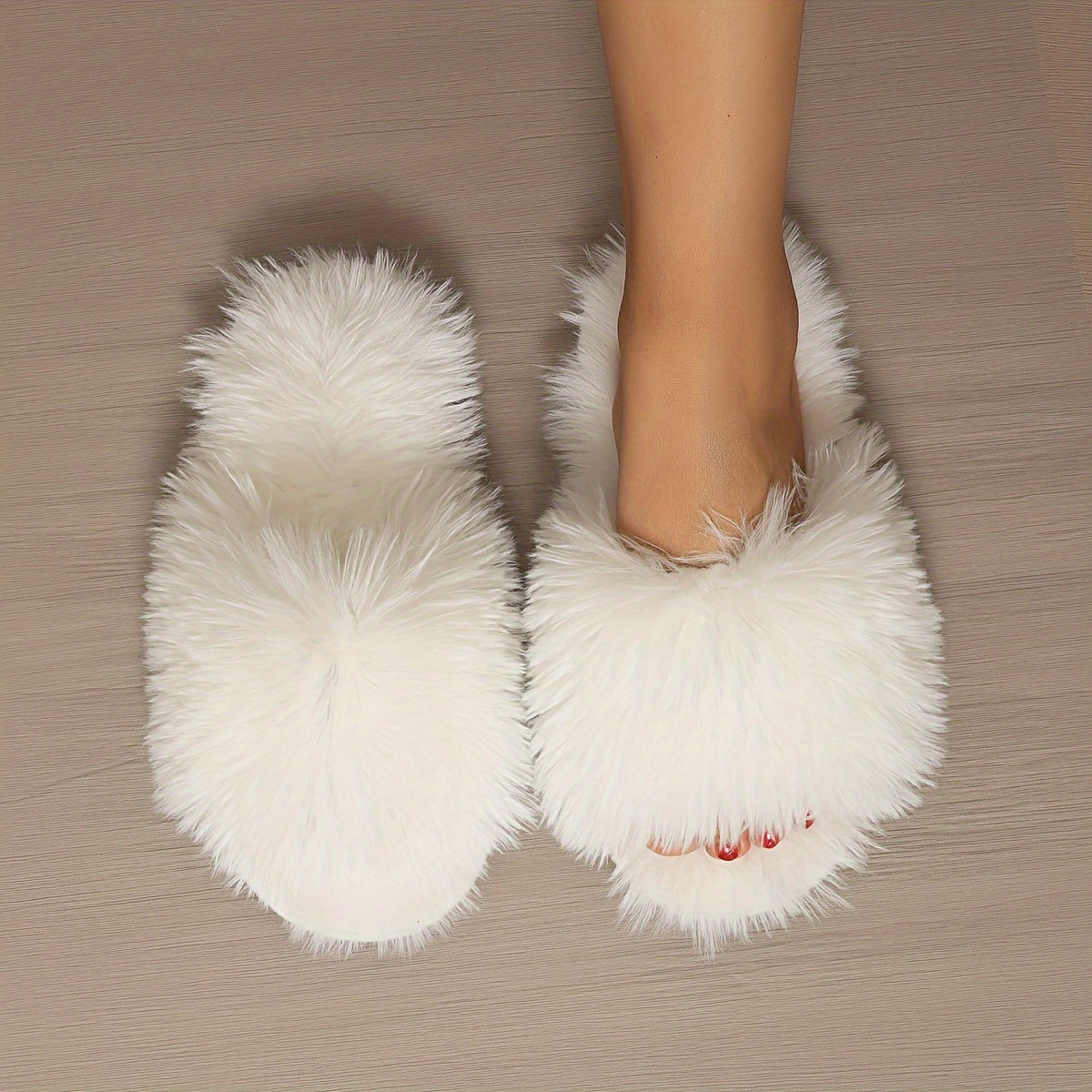 Women's Fluffy Furry Winter Slippers, Solid Color Open Toe Soft Flat Shoes, Cozy & Warm Home Floor Slippers