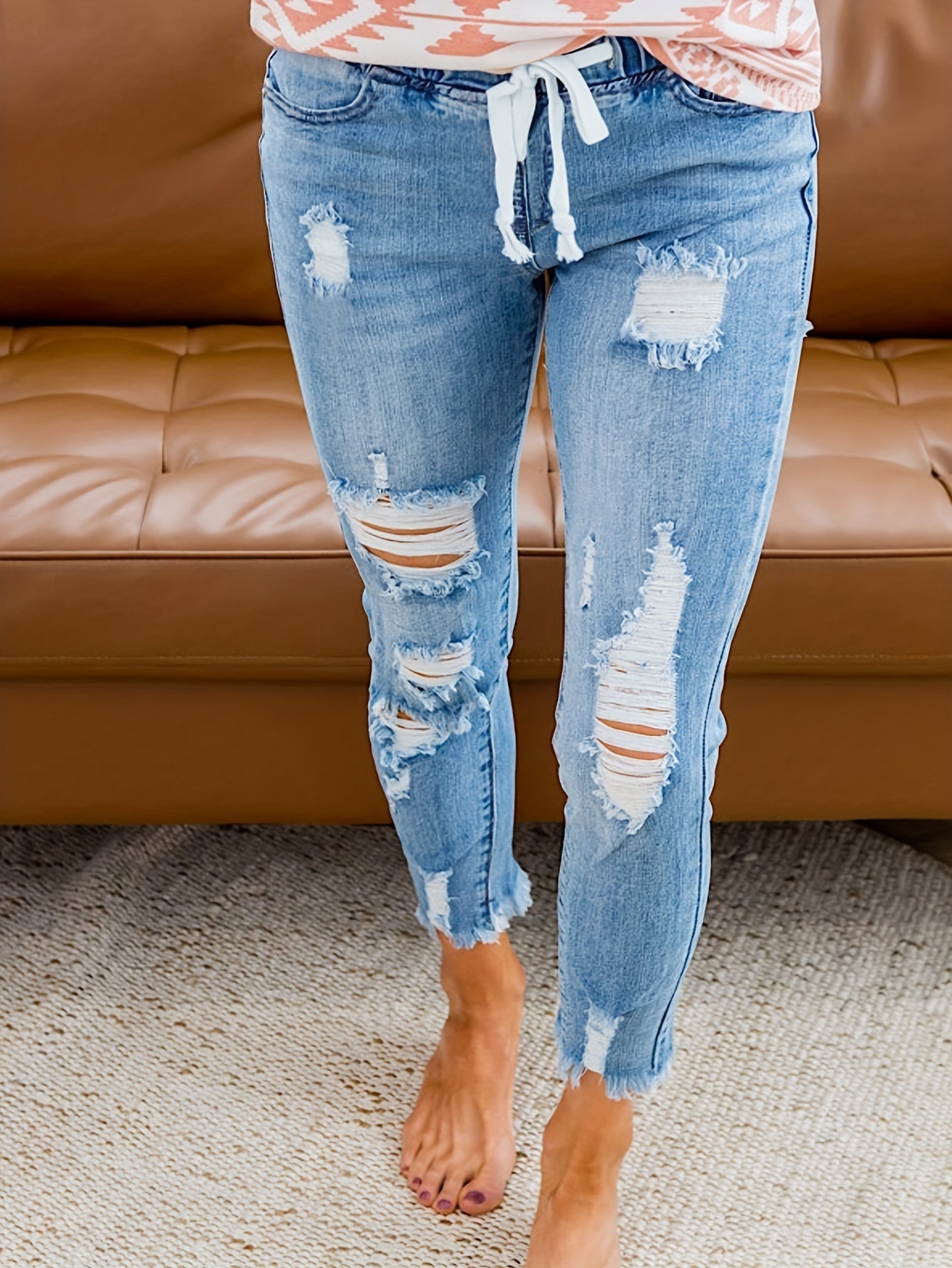 Ripped Drawstring Waist Cropped Jeans, Raw Hem Distressed Stretchy Street Style Skinny Denim Pants, Women's Denim Jeans & Clothing