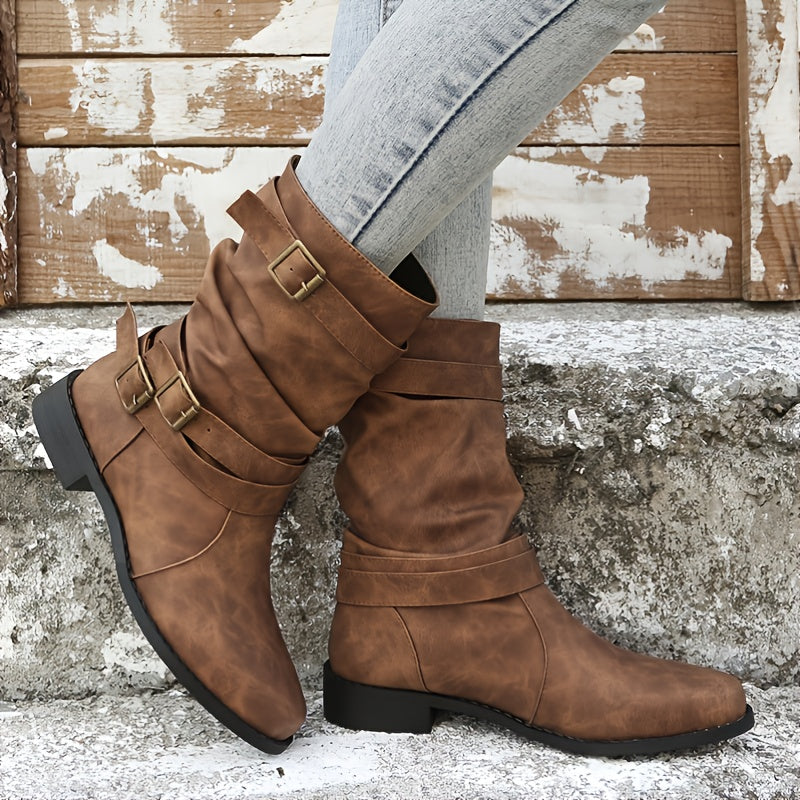 Trendy Solid Color Cowboy Boots - Stylish Chunky Heel with Fashion Buckle Strap Accent - Effortless Slip-On Comfortable Design