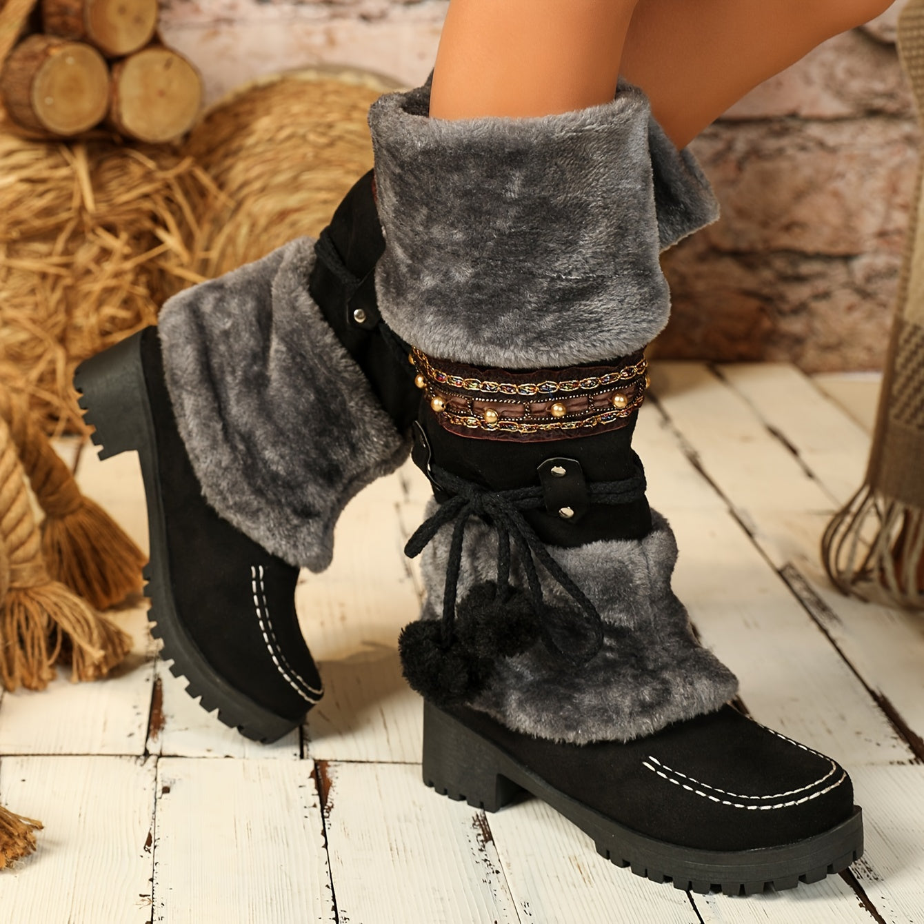 Women's Retro Winter Snow Boots - Fleece Lined, Chunky Heel, Insulated Mid-Calf for Warmth and Fashion