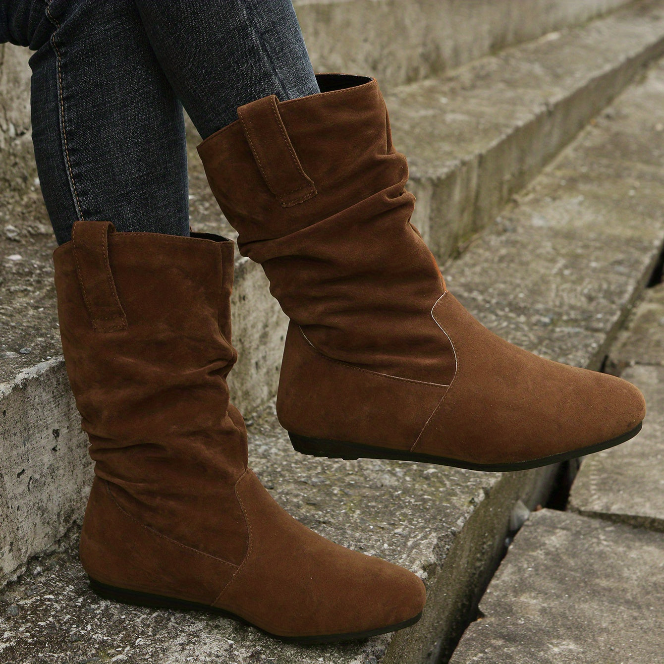 Women's Slouchy Mid Calf Boots, Comfy V-cut Pull On Plush Lined Warm Flat Shoes, Winter Thermal Boots