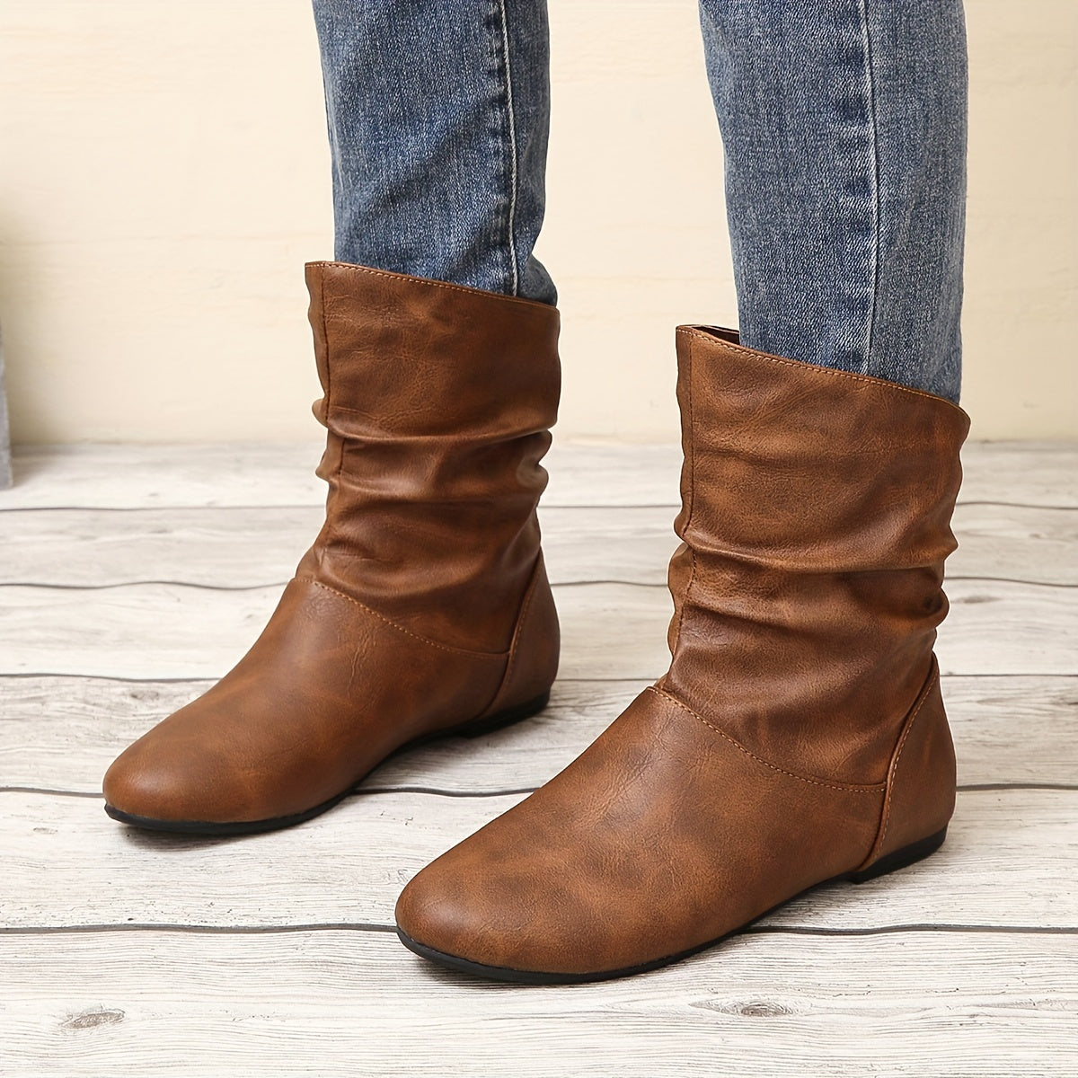 Women&#39;s Solid Color Trendy Boots, Slip On Comfy Flat Round Toe Boots, Versatile Ankle Shoes