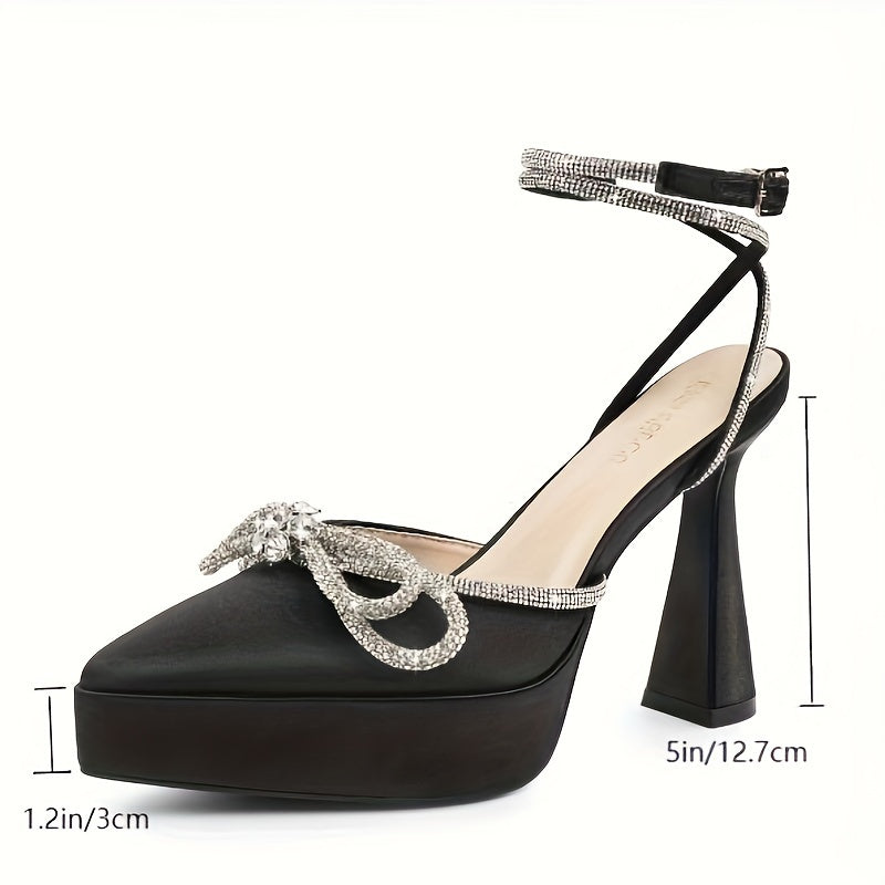 Women Platform Heels Ankle Strap Pumps, High Heeled Pointed Toe Stiletto Sandals, Rhinestones Bow Knot Party, Dress Pumps Shoes For Women