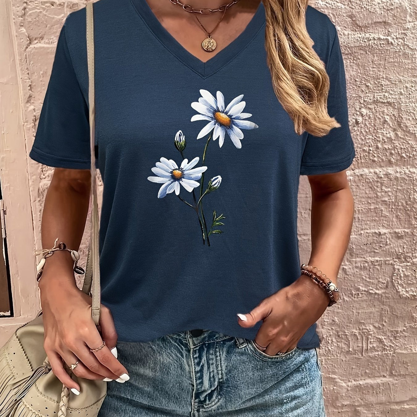 Floral Print V Neck T-shirt, Casual Short Sleeve T-shirt For Summer, Women's Clothing