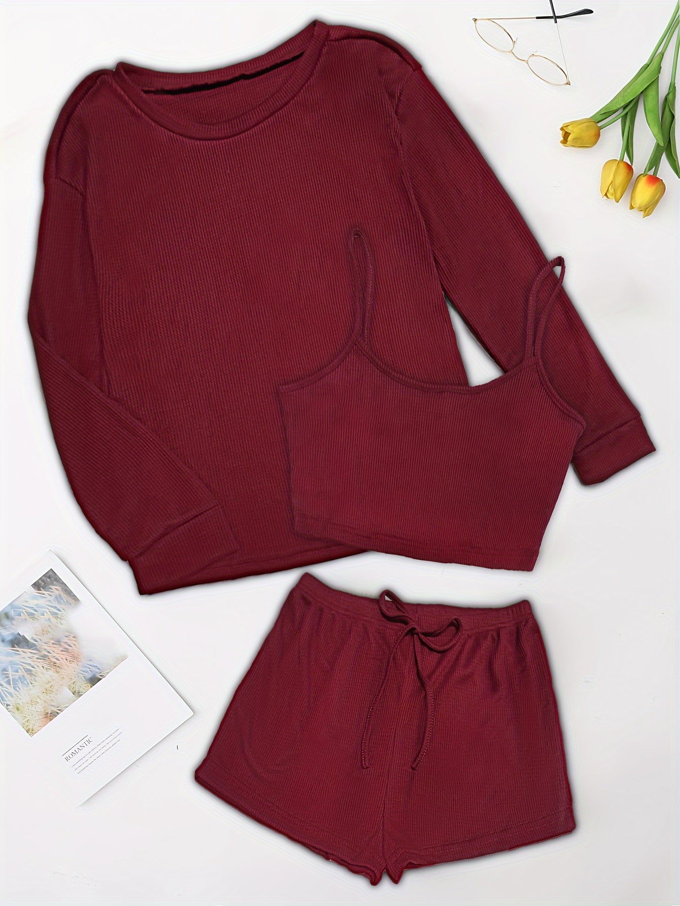 Solid Waffle Lounge Set, Casual Long Sleeve Crew Neck Top & Cami Top & Elastic Waistband Shorts, Women's Loungewear & Sleepwear for fall & winter