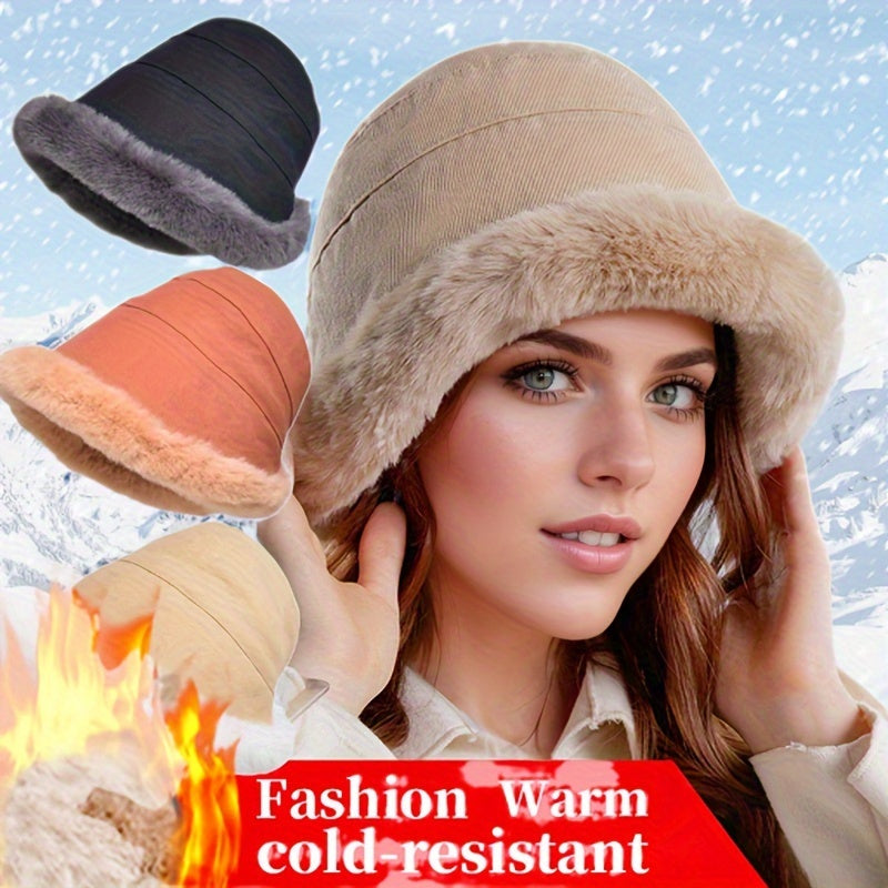 Winter Thermal Bucket Hat, Faux Fur Plush Thickened Ear Protection Fisherman Warmer Hat For Women Xmas Gift