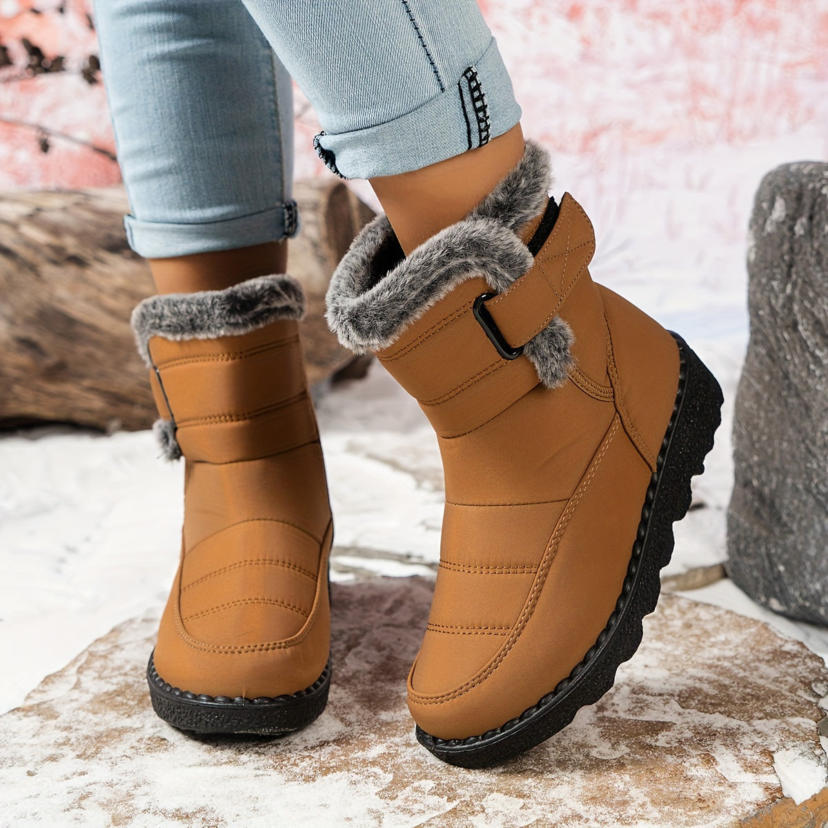 Velvettouch, Women's Winter Anti-Slip Snow Boots with Faux Fur Lining and Adjustable Straps - Casual Mid-Heel Fabric Ankle Booties