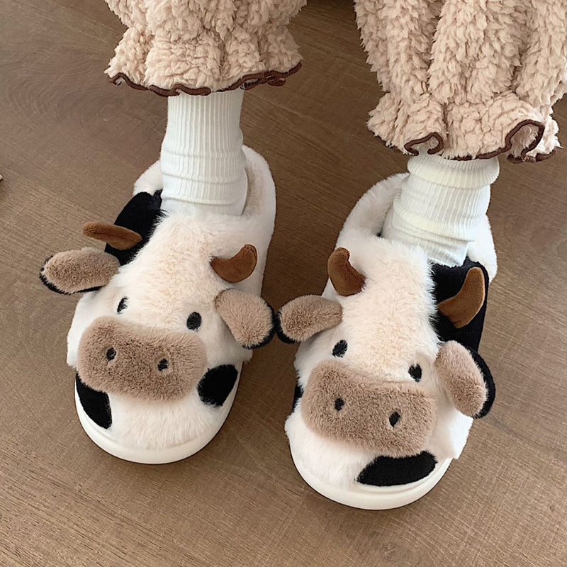 Women's Cartoon Cute Cow House Slippers, Warm Plush Lined Closed Toe Fuzzy Home Slides, Women's Comfy Indoor Shoes